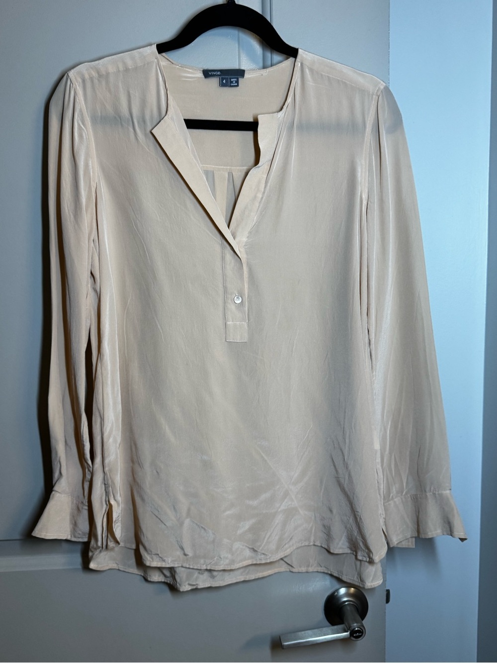 Vince Cream Split-Neck Long Sleeve Silk Top